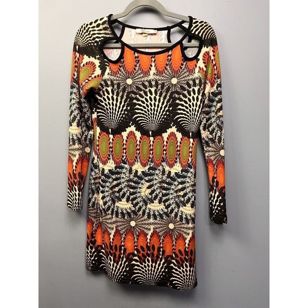 Aryeh Dress Womens Small Multi Color Geometric Cutout Neck Long Sleeve Mini Boho